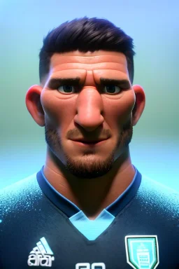 Realistic correa Argentina soccer player Portrait, mid shot view, epic, god lights, concept art, art station, 3d, photo studio, blue clean background, unreal engine 5, ray tracing, RTX, lumen lighting, ultra detail, volumetric lighting.