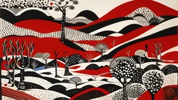 An abstract and contemplative illustration by Malevich and Kuniyoshi of a red, black and white desert landscape.