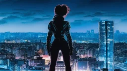 Clear Focus, High resolution, Beautiful girl standing backwards to a Cyberpunk skyline, comic style