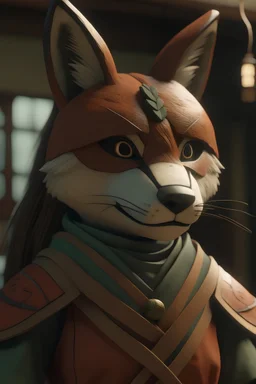 A young samurai girl wearing a wooden fox mask. She is wearing Japanese post-apocalyptical clothing Renderer as a Pixar animation look