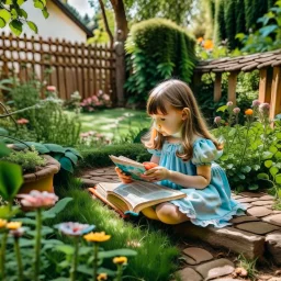 little girl reading story in garden