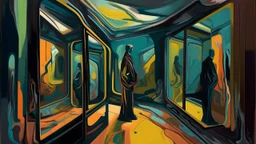 Ilustración expresionista al estilo de Francis Bacon: una habitación distorsionada con una figura solitaria atrapada entre espejos que reflejan versiones deformadas del mismo cuarto. Usa pinceladas violentas, colores ácidos y fondos planos para transmitir claustrofobia, extrañeza y una geometría emocional imposible.