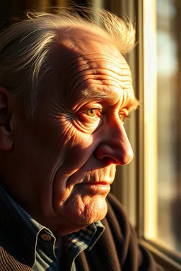 create a photorealistic portrait of Biff Vandersloot sitting by the window in the late afternoon, with natural sunlight casting warm golden light across his face revealing every wrinkle and the texture of his skin, sharp focus on his eyes showing depth, moisture, reflections, with a soft bokeh background of the room behind him.