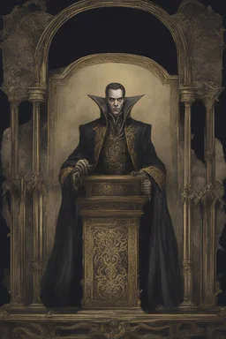 The toomb of vampire Count Strahd Von Zarovich. Dark, gloomy, ebony coffin with brass