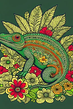 a chameleon rounded by flowers and leaves, quimbaya culture style