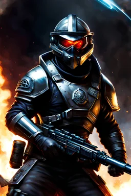 secret agent. sci-fi, all black, spelljammer, sci fi staff, dnd token, close up, military, helmet with visor, crouching, chest up, gun in image, in combat