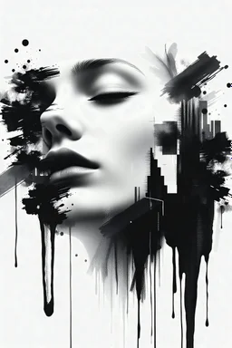 A surreal digital painting of a woman's face dissolving into abstract black and white brushstrokes and pixelated glitches. Her eyes are closed, and she appears serene, as if lost in a dream or transcending reality. The background is minimalist, emphasizing the contrast between fluid ink-like drips and structured geometric distortions. High-detail, high-resolution, monochrome with soft lighting and dramatic contrast.