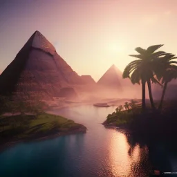 Giza Piramitleri fantasy art, island waterfall palms twigs spring sunset rainbow bridge birds, lighting, cinematic, extremly, mist, unreal engine 5, cinematic lighting, beautiful, photorealistic, abstract