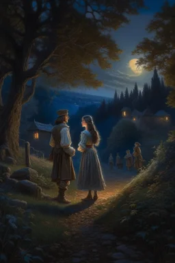 A prince and a village girl secretly meet by the moonlight in an oil painting forest Photorealistic