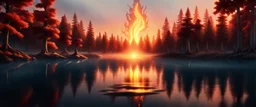 A hyper-realistic 4K scene of a serene forest lake at sunset. In the center of the lake, a pure elemental form of fire is gently hugging a pure elemental form of water. They are not human or creature-like — just abstract, living elemental shapes: fire is swirling, glowing flames with soft embers, and water is flowing, translucent waves with light reflections. Their embrace is tender, equal, and peaceful. The lake reflects their union. All around them, stylized "cooler fuel" trees with bluish bar