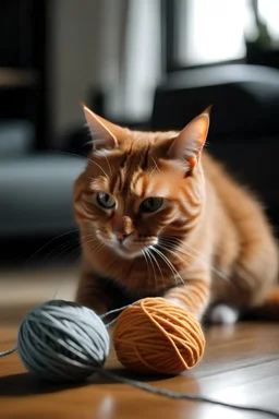 an orange cat playing with a black ball of yarn on a gray rug more natural