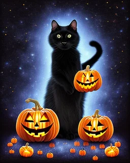 black cat on Halloween dancing with pumpkins in the photo of the starry sky