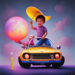 A one-year-old boy rides in the plastic funny toy-car on the middle of a busy street in new york. He has and a large-brimmed straw hat. somehow photographic bright colors and sunset, fantasy art, Anna Dittmann, digital painting, dan mumford, oil on canvas, jeff koons, akihito yoshida, wlop, kodachrome,