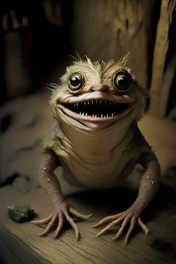 creature made from old wood, white eyes, smiling small mouth, without nose, without teeth, lighting body, full body, high details, stunning realistic photograph