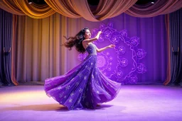 modern stage with gray-dark yellow blueish violet theme artistic decoration , color full dynamic lighting, a beautiful lady in maxi dress with shining silver jewels ,curvy long hair,dancing, 3D recursive fractal structure animating background