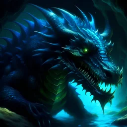 Dragon in a hyper realistic style deep underwater with some bioluminescent scales and multiples glowing eyes. This dragon is MASSIVE. The atmospere is super dark you are only able to see it from afar