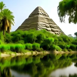 Pyramide d'Egypte, végétation luxuriante, rivière limpide, détail net et clair, beaucoup de détail