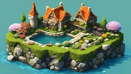 (simple background:1.2), (isometric 3d art of floating rock citadel), cobblestone, flowers, verdant, stone, moss, fish pool, (waterfall:1.2), cottage