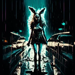 stylish digital illustration, databending, disheveled soaking wet woman in bunny costume with limp ears in middle of the road illuminated by headlights, dragging an ax, Dramatic, heavy rain, creepy, complex contrast, dynamic composition, scary, horror movie