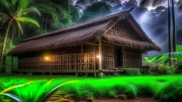 Borneo tribal longhouse, exterior view, in a clearing in the jungle, livestock, award-winning photograph, beautiful composition, exquisite detail and illumination