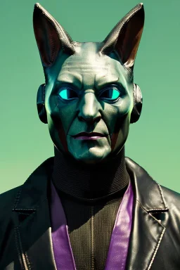 Medium Close Up Portrait, Front image. cyberpunk, rabbit mask helmet, strong man, silver hair. latex suit. Purple, green, color. Joker style. Color background, photo studio. Avatar image, highly detailed, concept art, smooth, unreal engine 5, ray tracing, RTX, lumen lighting, ultra detail, volumetric lighting, 3d, finely drawn, high definition, high resolution.