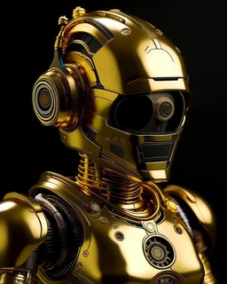 Gold metal robot themed armor black trim, glowing gold eyes, the helmet is fully covered, the helmet an astronaut robot themed