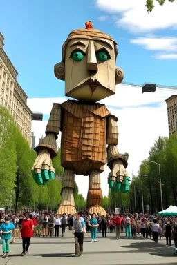 dessine un défilé de maritonnettes géantes, sur un très large boulard 'une ville. Des grues gérantes soutiennet les marionnettes géants et des techniciens au sol maniplues des cable pour controler la marionnette géante. Des personne de tous age rearde, de chaque coté, le défilé, avec joie et sourire et ave les mains dans les airs.