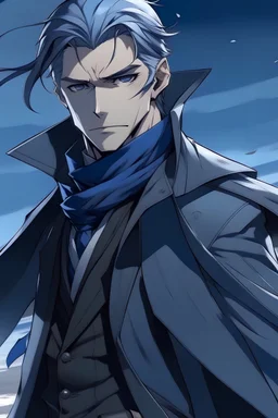 Medium hair Length, slicked back hair, Dressed in a fitted, dark-blue trench coat, A sleek, silver-lined scarf flutters in the wind. Sniper on his back, anime man facing the camera, handsome