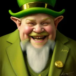 portrait of a old,fat, elf man,leprechaun, low beard,top hat,elegant gold and green suit,smiling,highly detailed, digital painting, artstation, concept art, cinematic lighting, illustration, 8k art by artgerm and greg rutkowski and alphonse mucha,Craig Mullins disney style