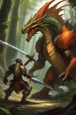 gigantium dragon fighting a single normal sized human knight