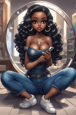 Create a futurism magna art of a black chibi curvy female sitting on the floor looking at herself in a hand mirror. She is wearing tight blue jeans and a black off the shoulder blouse. Prominent make up with lush lashes. Highly detailed long wavy hair. She is also wearing silver large hoop earringsart of a black chibi curvy female sitting on the floor looking at her cell phone. She is wearing tight blue jeans and a black off the shoulder blouse. Prominent make up with lush lashes.