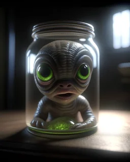 small realistic Grey son Alien Baby horror trapped in a jar, Unreal Engine, cinematic
