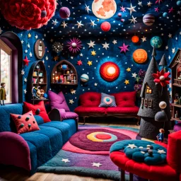 Detailed people, creepy living-room made of felt, naïve, village, stars and planets, splimapys, sun, splops, volumetric light, giant flowers, naïve, Tim Burton, strong texture, st, orero dream, extreme detail, Max Ernst, decal, rich moody colors, sparkles, Harry Potter, bokeh, odd, sbuc