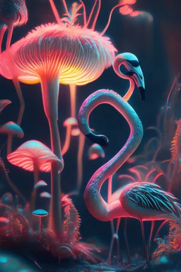 flamingo and fungoid portrait in fungus garden, glowing pixies, hi detail, 4k, clear focus, depth of field, color correction, studio quality, backlight