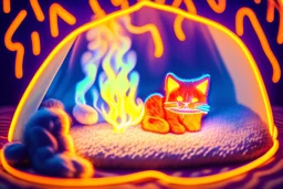 Against a dark cracked holographic marble background, a cute chibi plushy fluffy knitted and embroidered cat, tent, campfire, pond, mist and fog in sunshine, drawn in orange glowing neon lines. The cracks in the background are golden. Ethereal, cinematic postprocessing.