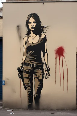 lara croft as a mural painted by banksy