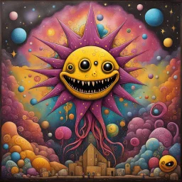 Nightmare Lovecraftian cosmic dreamer, astral star-filled background, sinister, modern graffiti street art on city wall, dramatic, eerie, warm colors, dynamic diagonal composition, by Os Gemeos and Justin Gerard, color spray paint, concept art, stunning, Eldritch