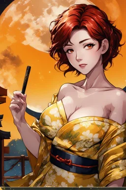 (Asian), short hair, fiery red hair hair, normal hands yukata, yellow clothes, 8k, best quality, winking, very dark night time, lighting from moon yellow moon, perfect, masterpiece, anime style, cartoon style,