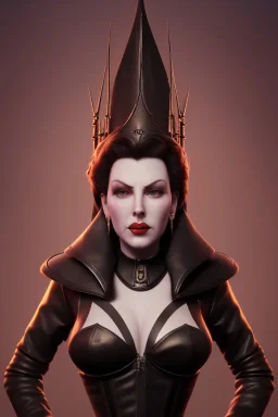 Lana Turner as evil queen in black leather, leather, busty, cleavage, angry, stern look. character design by cory loftis, fenghua zhong, ryohei hase, ismail inceoglu and ruan jia. unreal engine 5, artistic lighting, highly detailed, photorealistic, fantasy