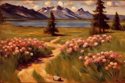 Sunny day, pine trees, mountains, prairie, flowers, lake, rocks, spring, max liebermann impressionism painting