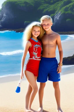 full body image of a beautiful 12 year old girl and a beautiful 12 year old boy with long, blonde curly hair and light blue eyes, smiling, shirtless, in front of an distant beach, 8k