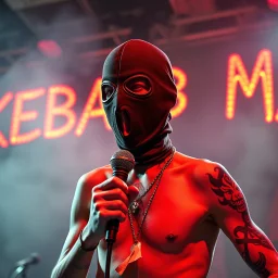 a very thin swedish man, with a skimask with only a hole for the mouth (no eyes), he is called "KEBAB MAN" performing at death metal club, his name is "KEBAB MAN" kebab rolls On stage, kebab Neon lights and smog, and "KEBAB MAN" big sign on the wall, kebab tribal tattooes, spinning kebab machines, flames and smoke, chaos, he singing with mic,
