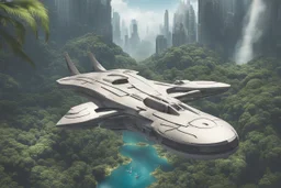 spaceship flying low over a jungle city