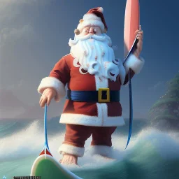 Santa standing of surfboard surfing a big wave, surfboard, beach, character design by cory loftis, fenghua zhong, ryohei hase, ismail inceoglu and ruan jia. unreal engine 5, artistic lighting, highly detailed, photorealistic, fantasy