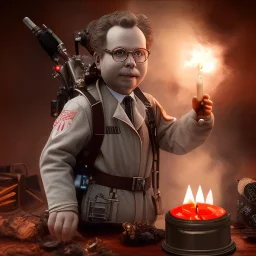 smoke bust of ghostbuster, ancient, magic,on dark wooden table with drinking glass,compass,brilliance, candle, dark figure in background, movie poster