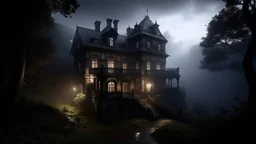 a secluded mansion on a hill, shrouded in mist, with flickering lights casting eerie shadows. The sound of rain tapping against the windows adds to the atmosphere of suspense. Inside, there are several characters each with their own unique traits and motives.