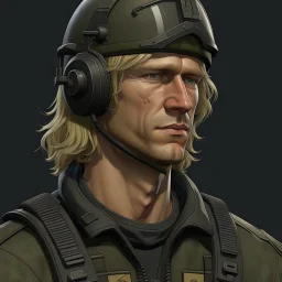 The submarine mechanic Blicke Blocknyckel, a blonde man with a mullet and chinstrap realistic grimdark