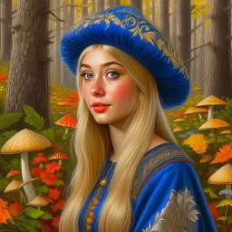 Blue eyed blonde women in traditional dress, nature background, painted, digital painting, water color, 24k, high resolution, highly detailed, cozy, forest with leafs, mushrooms and flowers, smooth, art by JOHN STEPHENS