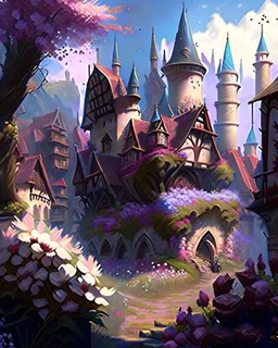 medieval fantasy castle town with flowers rpg art