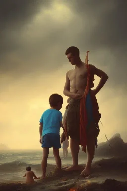 painting of boy next to man sleeping on beach, old clothes, dark storm clouds overhead, gloomy, bleak, little fires